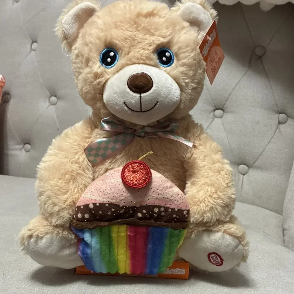 Peek A Boo Plush Bear Stuffed Animal with Cupcake & Bow Tie